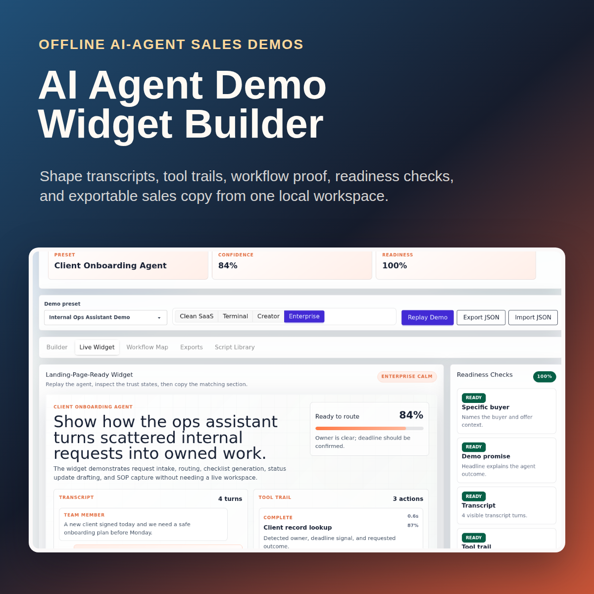 AI Agent Demo Widget Builder cover showing the actual live widget interface