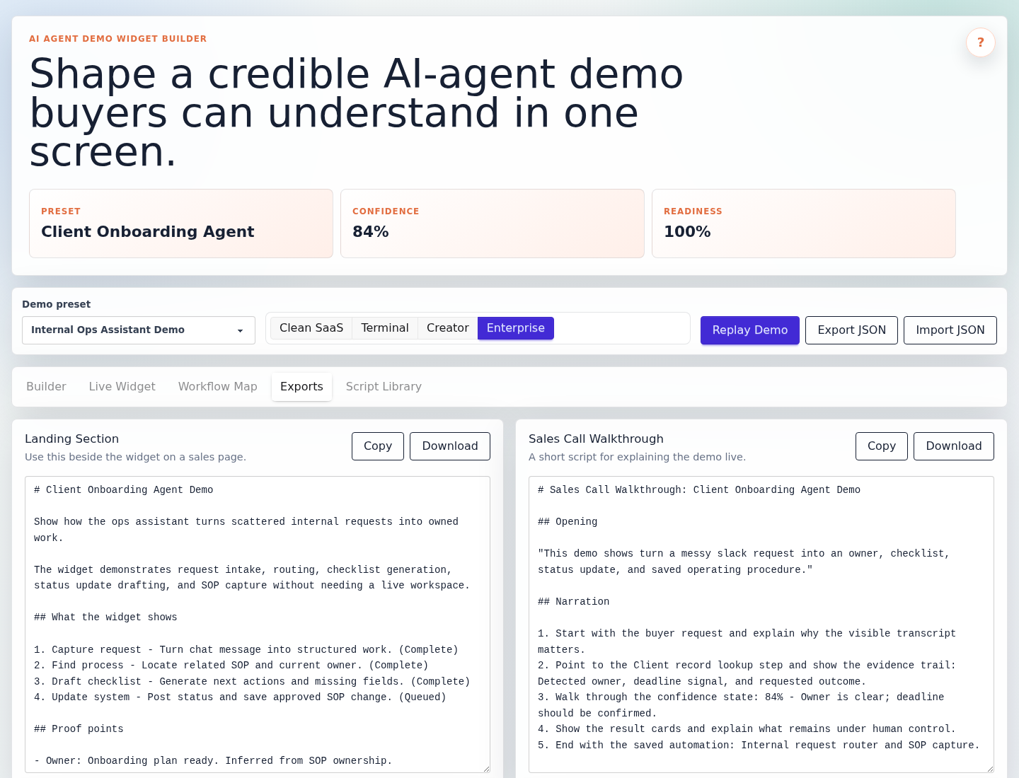 Export panels for landing-page copy and sales-call walkthroughs