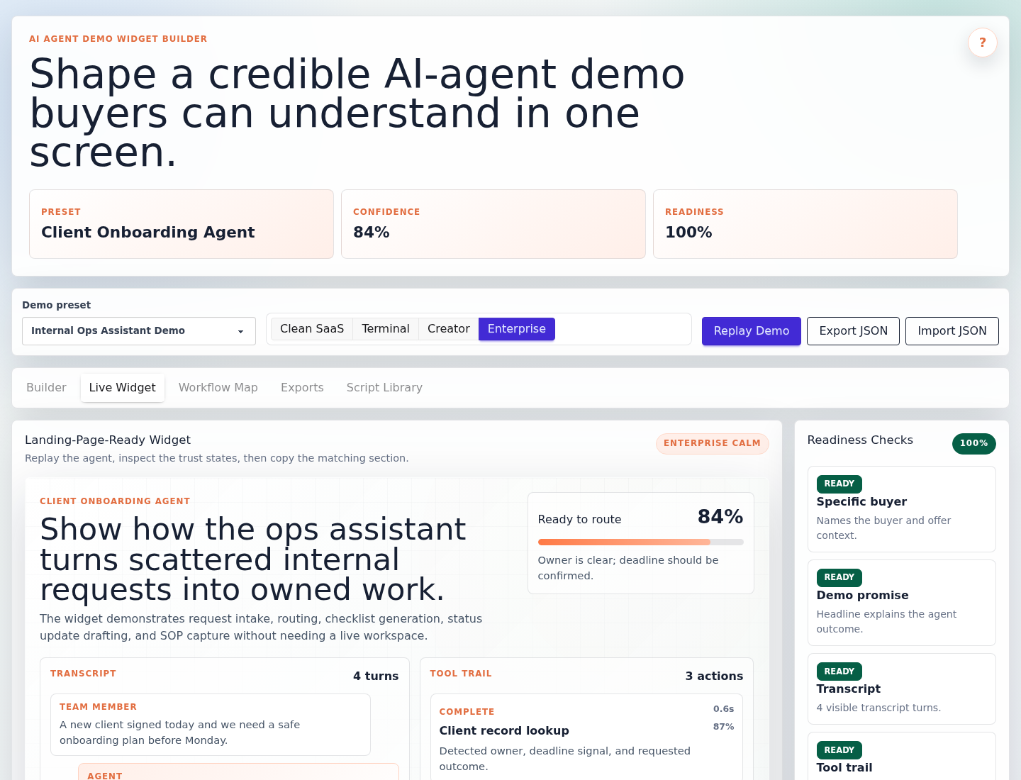 Live AI-agent demo widget with transcript, tool trail, replay controls, and readiness checks