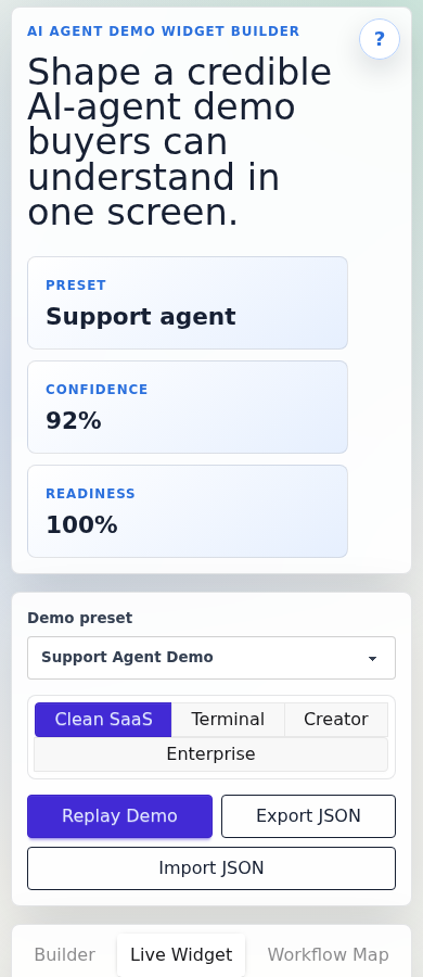 Mobile AI-agent demo widget showing compact live preview and readiness checks