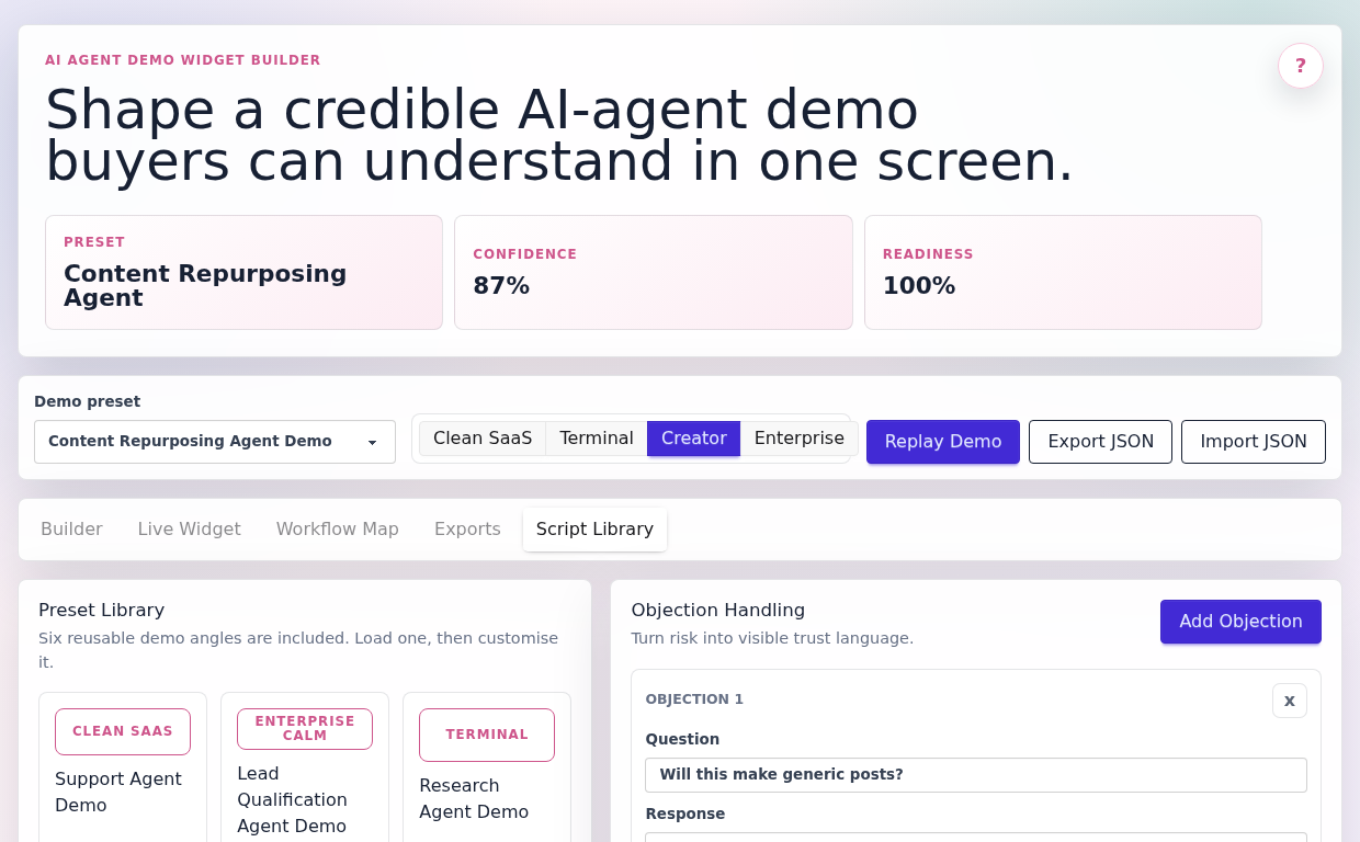 Script library showing reusable AI-agent demo presets and visual-mode labels